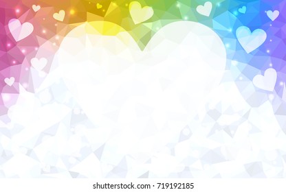 Light Multicolor vector greeting Card Happy Valentine's Day. Lettering with hearts on the white polygonal background. Colored triangular illustration for your business.