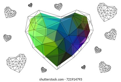 Light Multicolor vector greeting Card Happy Valentine's Day. Lettering with hearts on the white polygonal background. Colored triangular illustration for your business.