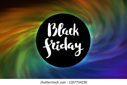 Light Multicolor vector pattern with a black hole, stars. Colorful black hole with shining night sky stars. Backdrop for Black Friday promotions.