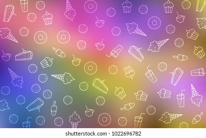 Light Multicolor vector pattern with delicious cookies. Glitter abstract sketch with sweets, candies, desserts. Template of children's food in cafe.