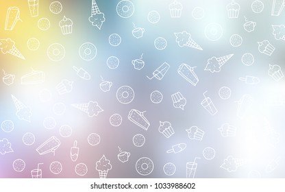 Light Multicolor vector pattern with delicious cookies. Glitter abstract sketch with sweets, candies, desserts. Doodle design for your business advert of cafes.