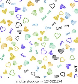 Light Multicolor vector seamless backdrop with phrase LOVE YOU, hearts. Design in doodle style with text LOVE YOU, hearts. Template for business cards, websites.