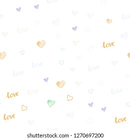 Light Multicolor vector seamless backdrop with phrase LOVE YOU, hearts. Romantic illustration with colorful phrase LOVE YOU, hearts. Template for business cards, websites.