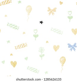 Light Multicolor vector seamless backdrop in holiday style. Colorful illustration with aheart, baloon, candy, gift, star, ribbon. Pattern for new year ads.