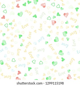 Light Multicolor vector seamless backdrop with phrase LOVE YOU, hearts. Illustration with words of love, hearts in abstract style. Design for textile, fabric, wallpapers.