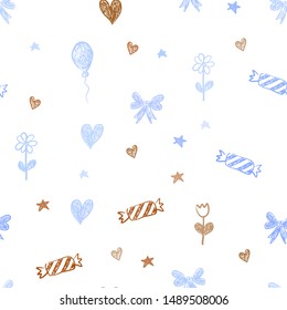 Light Multicolor vector seamless backdrop in holiday style. Shining illustration with aheart, baloon, candy, gift, star, ribbon. Pattern for birthday gifts.