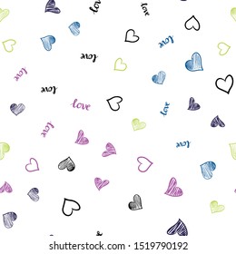 Light Multicolor vector seamless backdrop with phrase LOVE YOU, hearts. Design in doodle style with text LOVE YOU, hearts. Design for wallpaper, fabric makers.