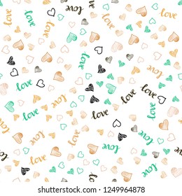 Light Multicolor vector seamless background with words of love, hearts. Illustration with words of love, hearts in abstract style. Design for wallpaper, fabric makers.