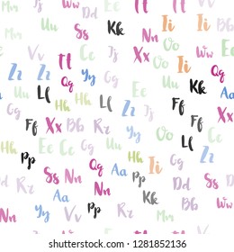 Light Multicolor vector seamless background with signs of alphabet. Modern geometrical illustration with ABC english symbols. Texture for window blinds, curtains.