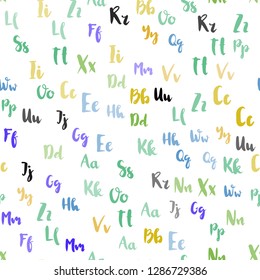 Light Multicolor vector seamless background with signs of alphabet. Shining illustration with ABC symbols on abstract template. Texture for window blinds, curtains.