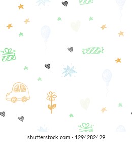 Light Multicolor vector seamless background with xmas attributes. Illustration with a gradient toy car, heart, baloon, tulip, candy, ball. Design for holiday adverts.