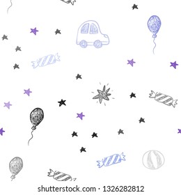 Light Multicolor vector seamless background in xmas style. Abstract illustration with a toy car, baloon, candy, star, ball. Template for new year postcards.