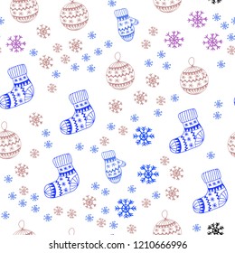 Light Multicolor vector seamless cover with beautiful snowflakes, balls, socks, mittens. Colorful illustration with xmas symbols. Template for business cards, websites.