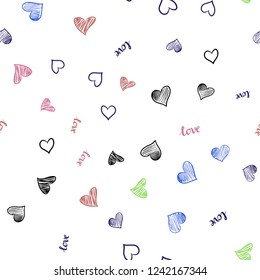 Light Multicolor vector seamless cover with quote LOVE YOU, hearts. Romantic illustration with colorful phrase LOVE YOU, hearts. Pattern for trendy fabric, wallpapers.