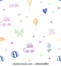 Light Multicolor vector seamless layout with new year gifts. Illustration with a gradient toy car, heart, baloon, tulip, candy, ball. Pattern for birthday gifts.