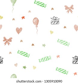 Light Multicolor vector seamless layout in new year style. Colorful illustration with aheart, baloon, candy, gift, star, ribbon. Pattern for carnival, festival ads.