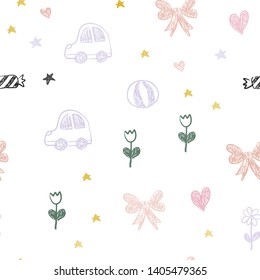 Light Multicolor vector seamless layout with new year gifts. Illustration with a colorful toy car, heart, baloon, tulip, candy, ball. Design for colorful commercials.