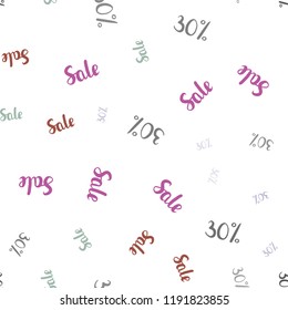 Light Multicolor vector seamless pattern with 30 percentage signs. Colored words of sales with gradient on white background. Design for business ads, commercials.