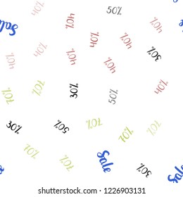 Light Multicolor vector seamless pattern with 30, 40, 50 percentage signs. Colored words of sales with gradient on white background. Template for season sales, shopping ads.