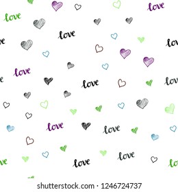 Light Multicolor vector seamless pattern with phrase LOVE YOU, hearts. Colorful gradient phrase LOVE YOU, hearts in abstract style. Texture for window blinds, curtains.
