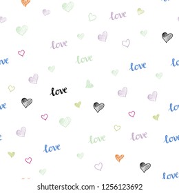 Light Multicolor vector seamless pattern with phrase LOVE YOU, hearts. Design in doodle style with text LOVE YOU, hearts. Template for business cards, websites.