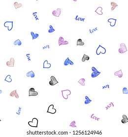 Light Multicolor vector seamless pattern with phrase LOVE YOU, hearts. Illustration with words of love, hearts in abstract style. Pattern for trendy fabric, wallpapers.