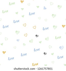 Light Multicolor vector seamless pattern with phrase LOVE YOU, hearts. Romantic illustration with colorful phrase LOVE YOU, hearts. Design for textile, fabric, wallpapers.