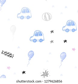 Light Multicolor vector seamless pattern in christmas style. Abstract illustration with a toy car, baloon, candy, star, ball. Pattern for birthday gifts.