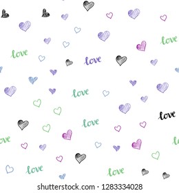 Light Multicolor vector seamless pattern with phrase LOVE YOU, hearts. Colorful illustration with quote LOVE YOU, hearts. Template for business cards, websites.