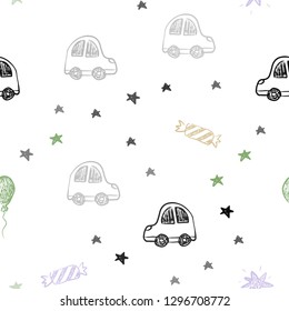 Light Multicolor vector seamless pattern in christmas style. Shining illustration with a toy car, baloon, candy, star, ball. Design for colorful commercials.