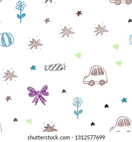 Light Multicolor vector seamless pattern with christmas toys. Colorful illustration with a toy car, heart, baloon, tulip, candy, ball. Pattern for new year ads.