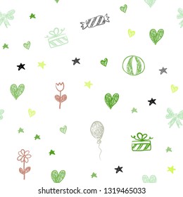 Light Multicolor vector seamless pattern in christmas style. Design in xmas style with aheart, baloon, candy, gift, star, ribbon. Pattern for new year ads.