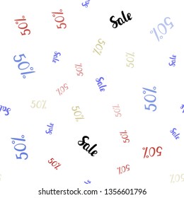 Light Multicolor vector seamless pattern with 50 percentage signs. Colored words of sales with gradient on white background. Backdrop for ads, leaflets of Black Friday.