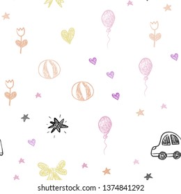 Light Multicolor vector seamless pattern with christmas toys. Colorful illustration with a toy car, heart, baloon, tulip, candy, ball. Design for holiday adverts.