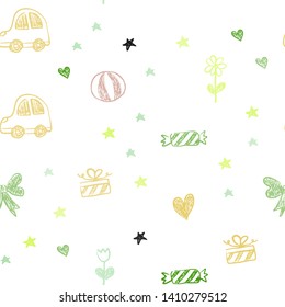 Light Multicolor vector seamless template with carnival elements. Illustration with a gradient toy car, heart, baloon, tulip, candy, ball. Template for new year postcards.