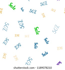 Light Multicolor vector seamless texture with selling prices 50 %. Colored words of sales with gradient on white background. Design for business ads, commercials.