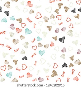 Light Multicolor vector seamless texture with words LOVE YOU, hearts. Design in doodle style with text LOVE YOU, hearts. Design for wallpaper, fabric makers.