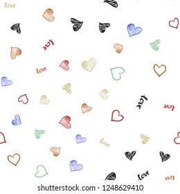 Light Multicolor vector seamless texture with words LOVE YOU, hearts. Colorful gradient phrase LOVE YOU, hearts in abstract style. Texture for window blinds, curtains.