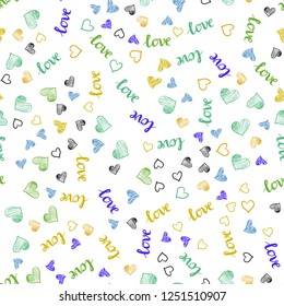 Light Multicolor vector seamless texture with words LOVE YOU, hearts. Romantic illustration with colorful phrase LOVE YOU, hearts. Texture for window blinds, curtains.