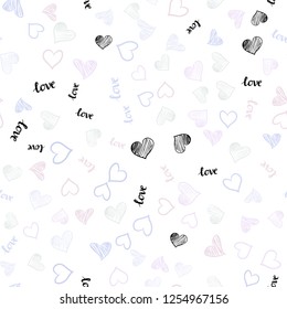 Light Multicolor vector seamless texture with words LOVE YOU, hearts. Design in doodle style with text LOVE YOU, hearts. Pattern for design of fabric, wallpapers.
