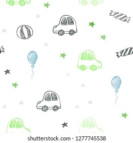 Light Multicolor vector seamless texture in birthday style. Colorful illustration with a toy car, baloon, candy, star, ball. Design for colorful commercials.