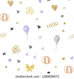 Light Multicolor vector seamless texture in birthday style. Shining illustration with aheart, baloon, candy, gift, star, ribbon. Pattern for birthday gifts.