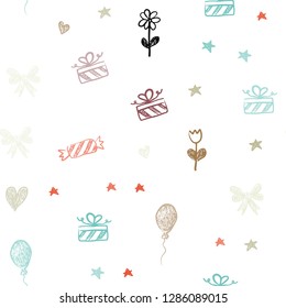 Light Multicolor vector seamless texture in birthday style. Illustration with a gradientheart, baloon, candy, gift, star, ribbon. Template for new year postcards.
