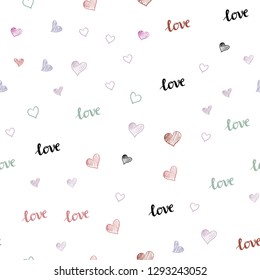 Light Multicolor vector seamless texture with words LOVE YOU, hearts. Romantic illustration with colorful phrase LOVE YOU, hearts. Template for business cards, websites.