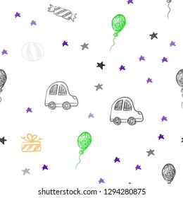 Light Multicolor vector seamless texture in birthday style. Illustration with a colorful toy car, balloon, candy, star, ball. Design for holiday adverts.