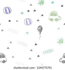 Light Multicolor vector seamless texture in birthday style. Colorful illustration with a toy car, baloon, candy, star, ball. Design for colorful commercials.