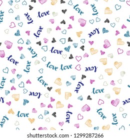 Light Multicolor vector seamless texture with words LOVE YOU, hearts. Design in doodle style with text LOVE YOU, hearts. Design for wallpaper, fabric makers.