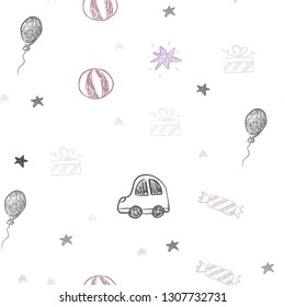 Light Multicolor vector seamless texture in birthday style. Illustration with a gradient toy car, baloon, candy, star, ball. Pattern for birthday gifts.