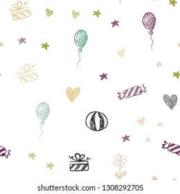Light Multicolor vector seamless texture in birthday style. Colorful illustration with aheart, baloon, candy, gift, star, ribbon. Pattern for new year ads.