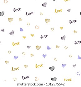 Light Multicolor vector seamless texture with words LOVE YOU, hearts. Illustration with words of love, hearts in abstract style. Pattern for trendy fabric, wallpapers.